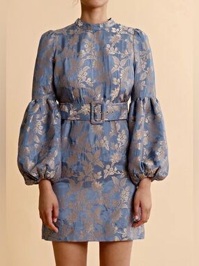 Blue Metallic brocade Floral Belted Mini Dress by Timo Nordstrom xs